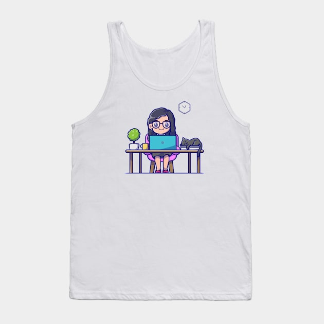 Cute Girl Working On Laptop With Cat Cartoon Tank Top by Catalyst Labs